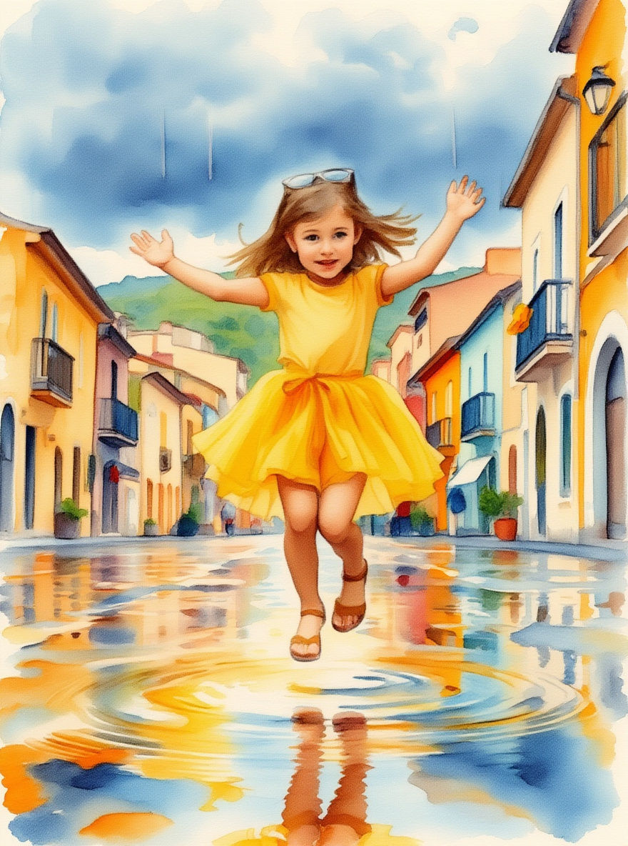 Girl's Joyful Puddle Jump: Watercolor Summer Rain