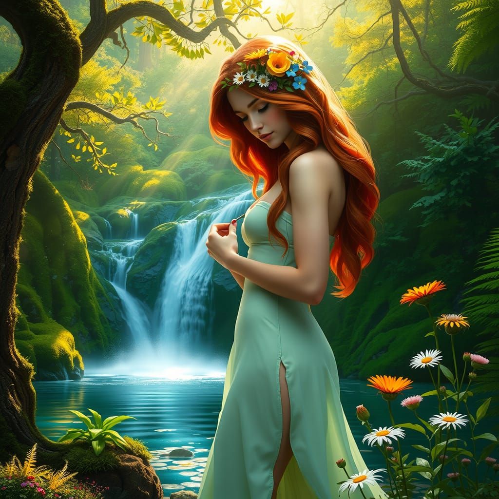 Ethereal Forest Nymph in Art Nouveau Style