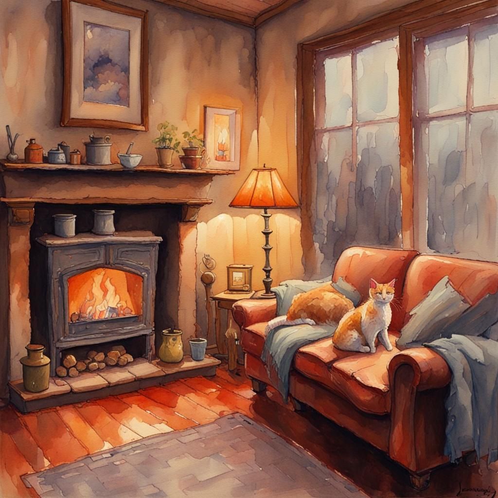 Cosy Home Interior: Aesthetic Watercolour Painting