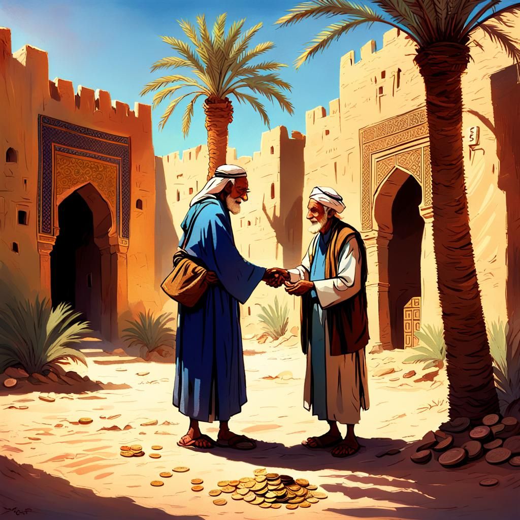 Benevolent Man Offers Alms in Desert Village