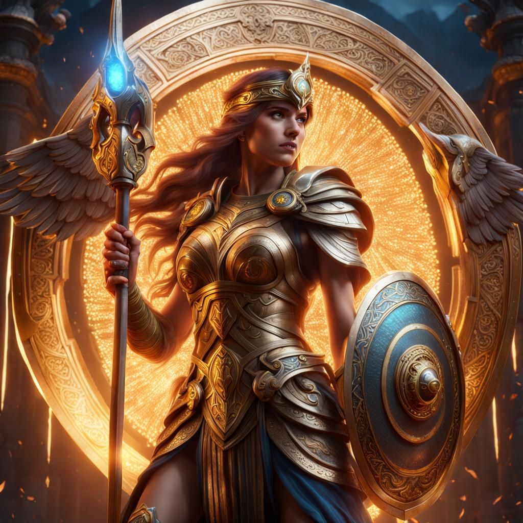 Athena wielding the magical Zeus shield of  Aegis