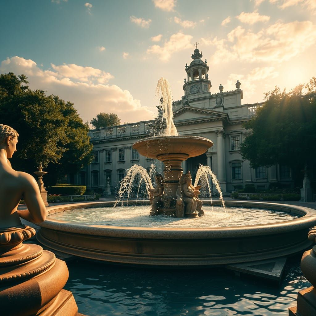 Baroque-Era Fountain Scene in Cinematic Style