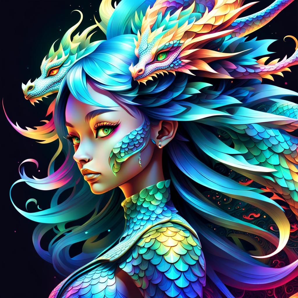 Dragon Girl Portrait in Abstract Fractal Design