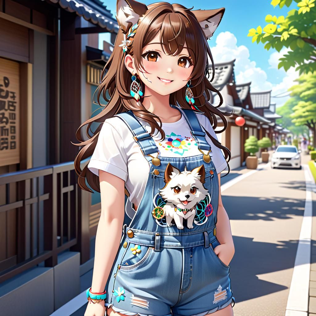 Anime Chibi Girl in Overalls with Wolf Ears