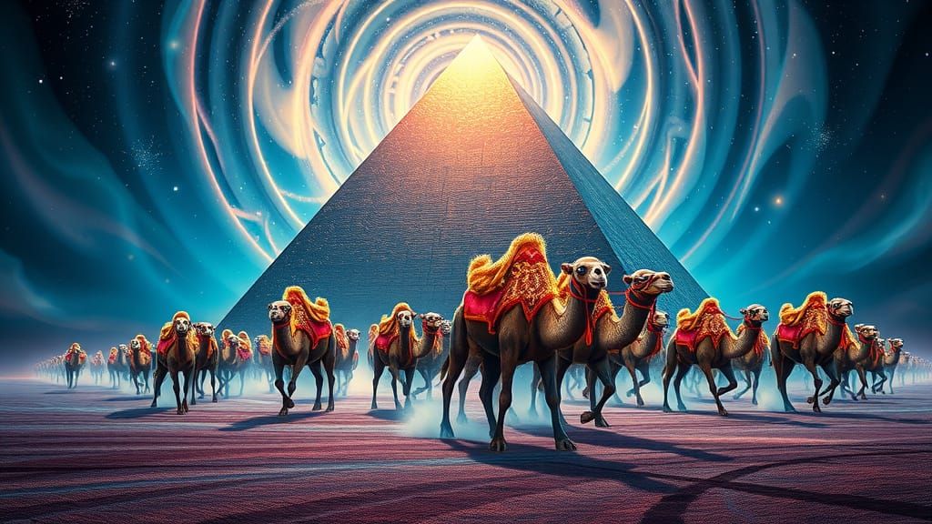 Neon Camels Run From Fractal Sandstorm