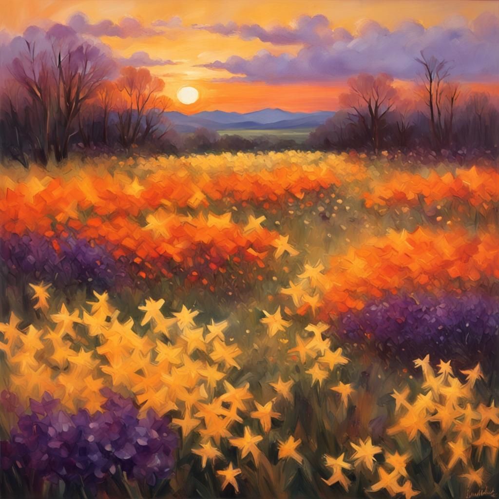 Endless Yellow Forsythia Field at Sunset