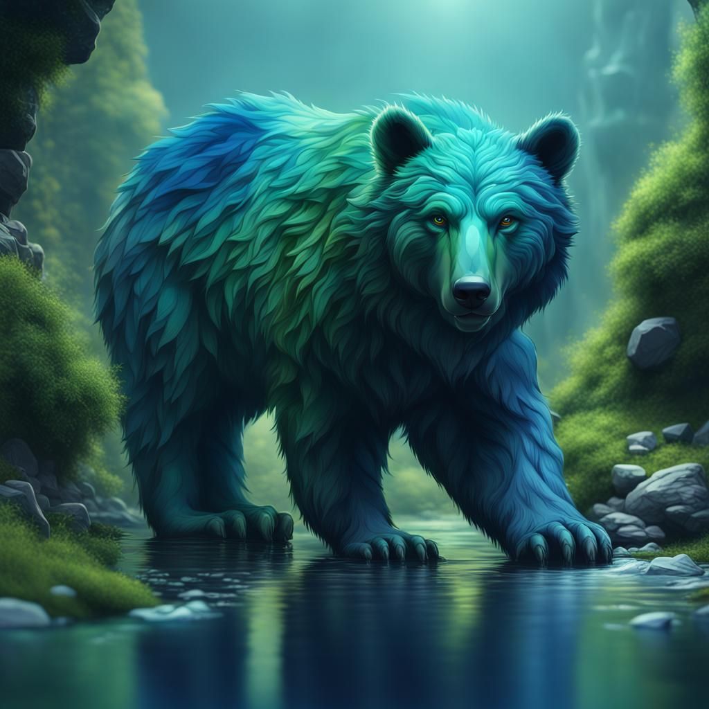 Blue and Green Bear Matte Painting in 8k