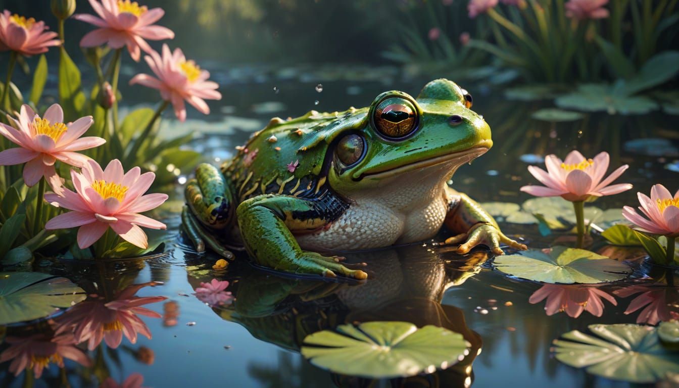 Hyperrealistic Frog Contemplates Flowers in Pond