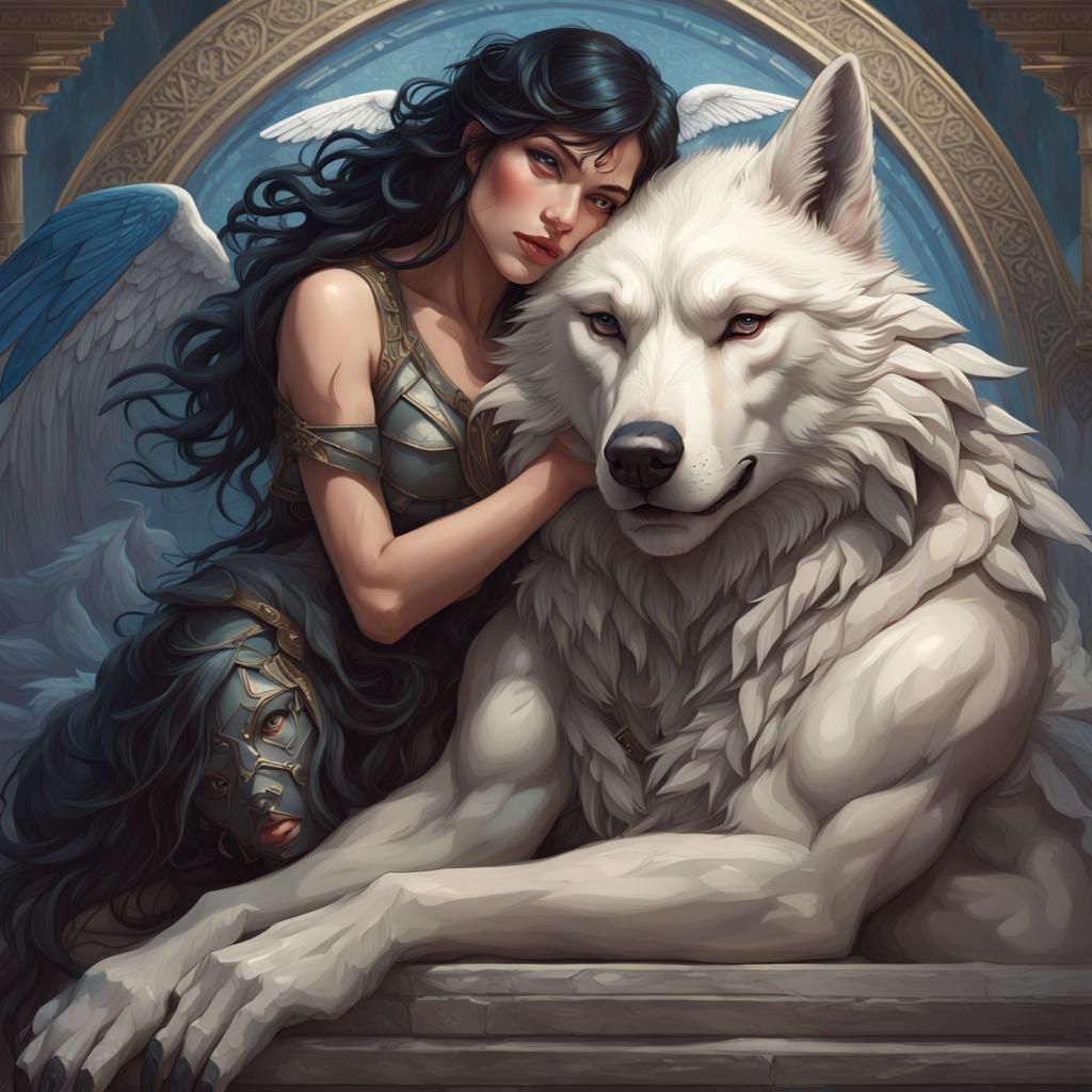 Winged Wolf God Comforting Woman: Detailed Portrait