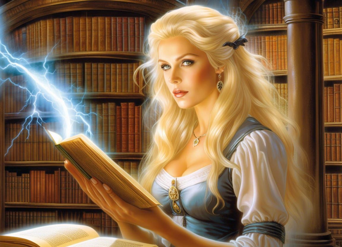 Blond Witch Studying in a Magic Library