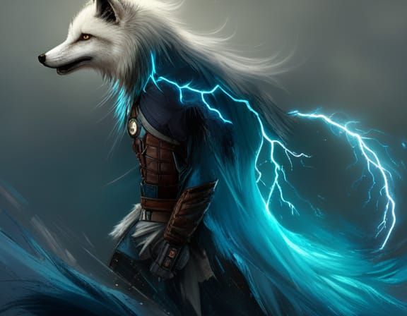 Anthropomorphic Arctic Fox Superhero Manipulating Lightning