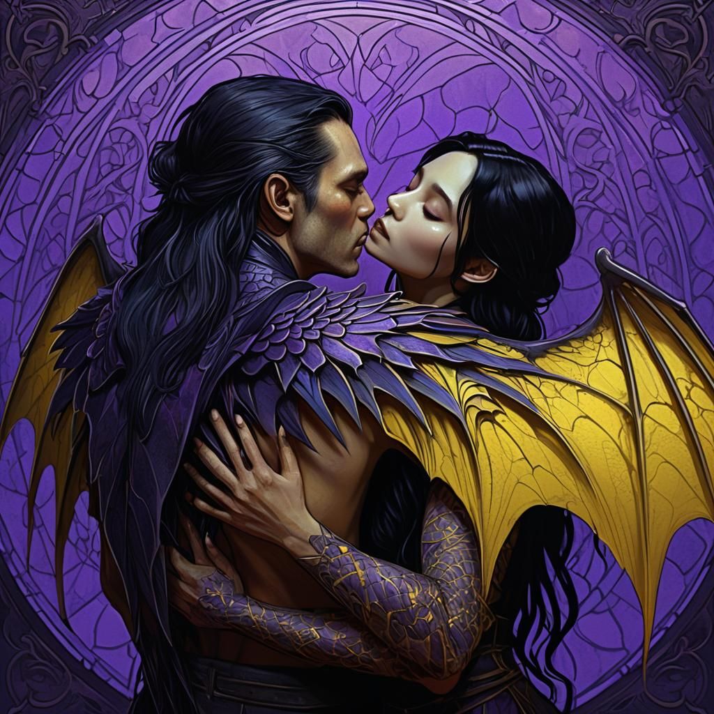 Winged Man Embraces Woman: Dark Fantasy Art Nouveau
