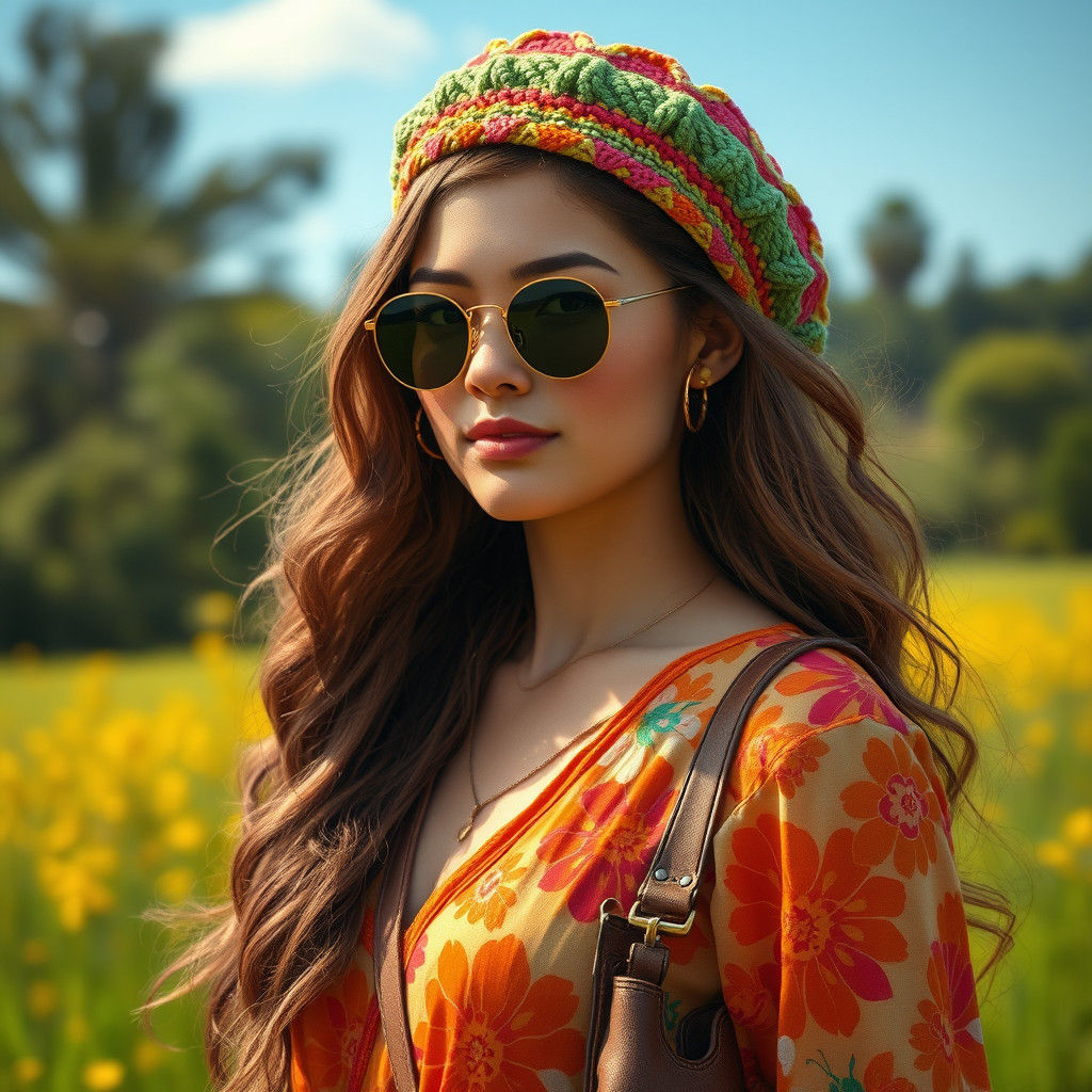1960s Hippie Woman with Floral Dress and Hoop Earrings