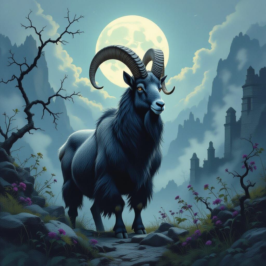 Majestic Mountain Goat with Nightshade in Moonlit Ancient Ru...