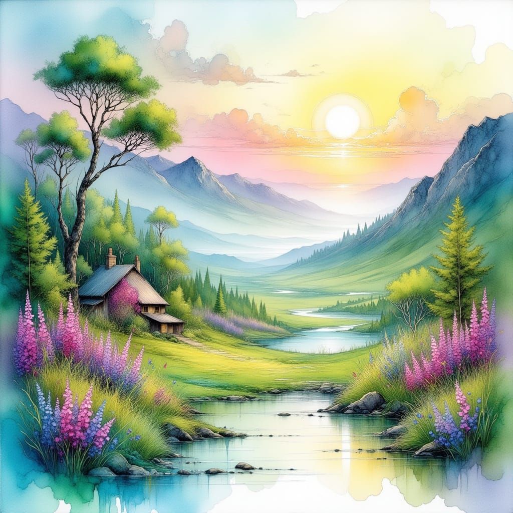 Dreamy Landscape with Rivers and Cottages