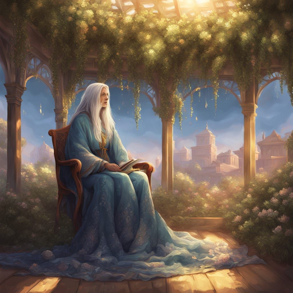 Elderly Woman Wrapped in Golden Quilt in Olive Tree Cabana