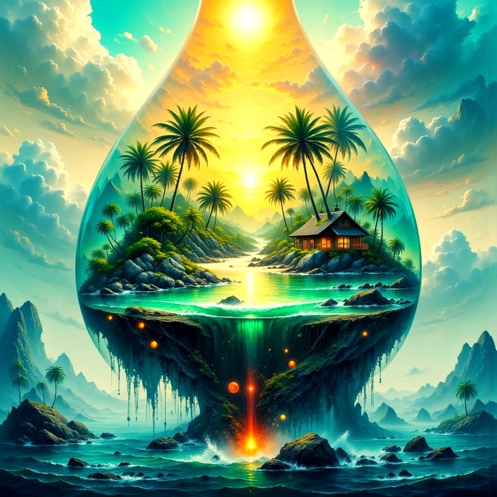 Surreal Tropical Oasis within a Raindrop