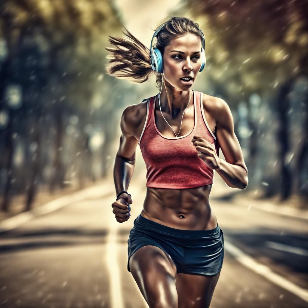 Woman Running with Headphones in Hyperrealistic Style