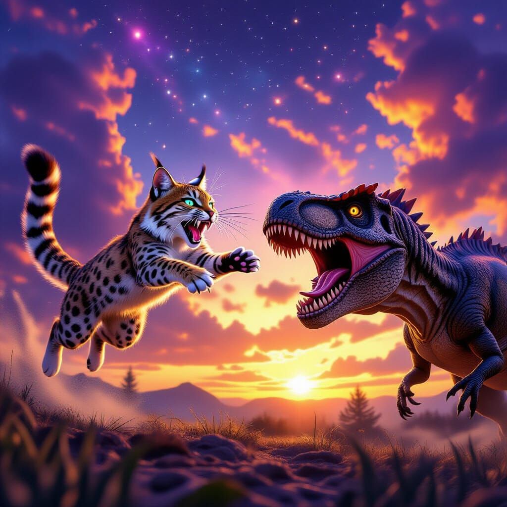 Saber-Tooth Bobcat Attacks T-Rex in Cosmic Sky