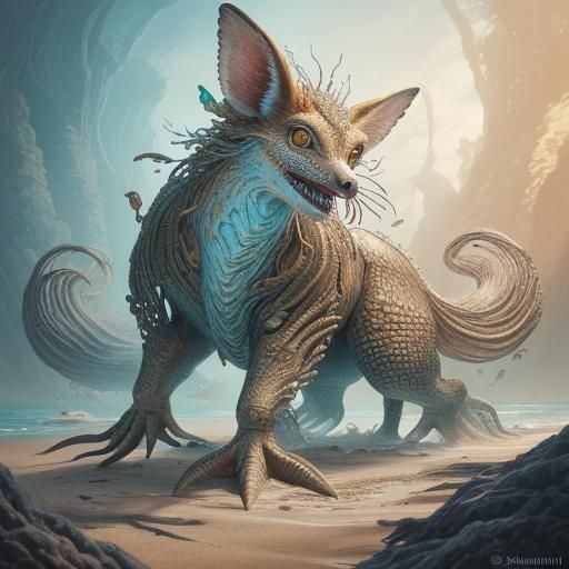 an awkward alien creature called a Jiisaføappulixë on a natural alien seashore/a quadruped with 2 exaggerated long limbs...