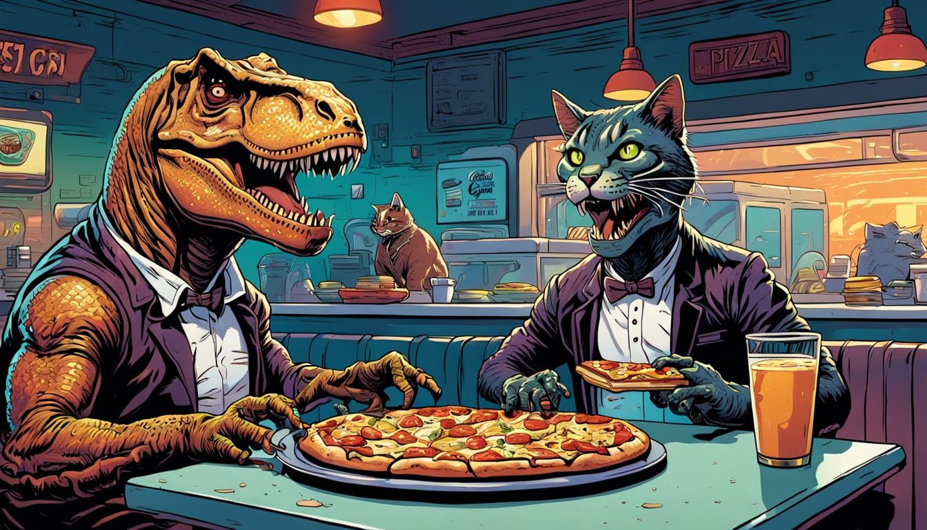 T-Rex Pizza Troubles: A Humorous Comic Book Scene