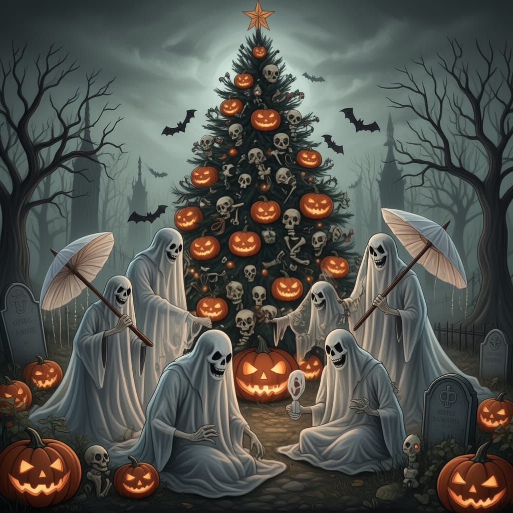 Christmas Ghosts Celebrate Dinner Near Cemetery in Muted Ter...