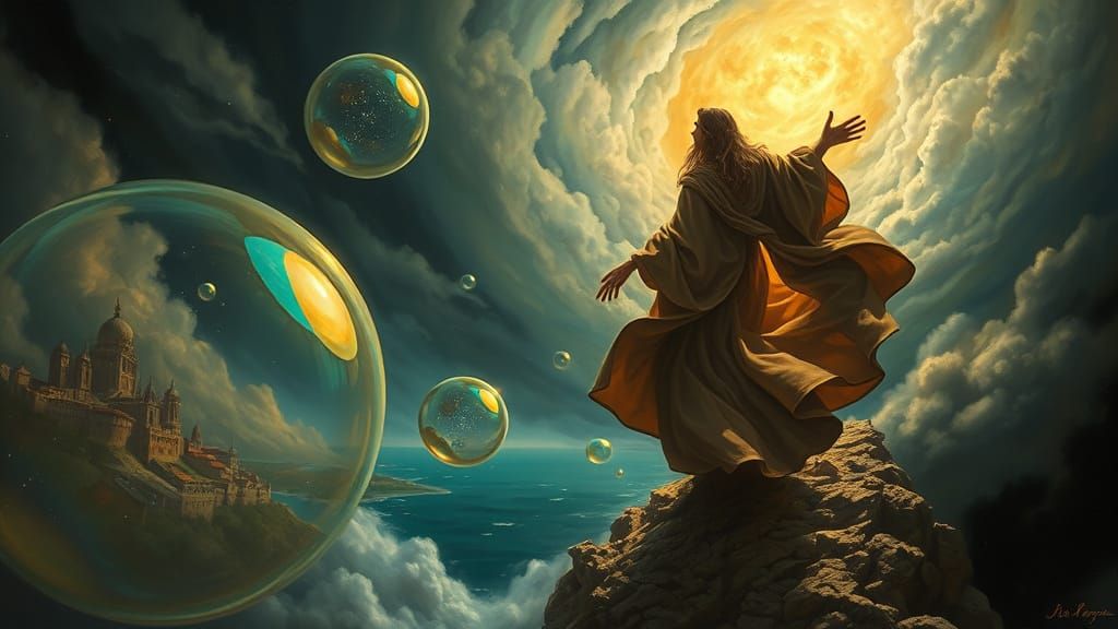 Neo-Baroque Figure Ascends Through Stormy Sky