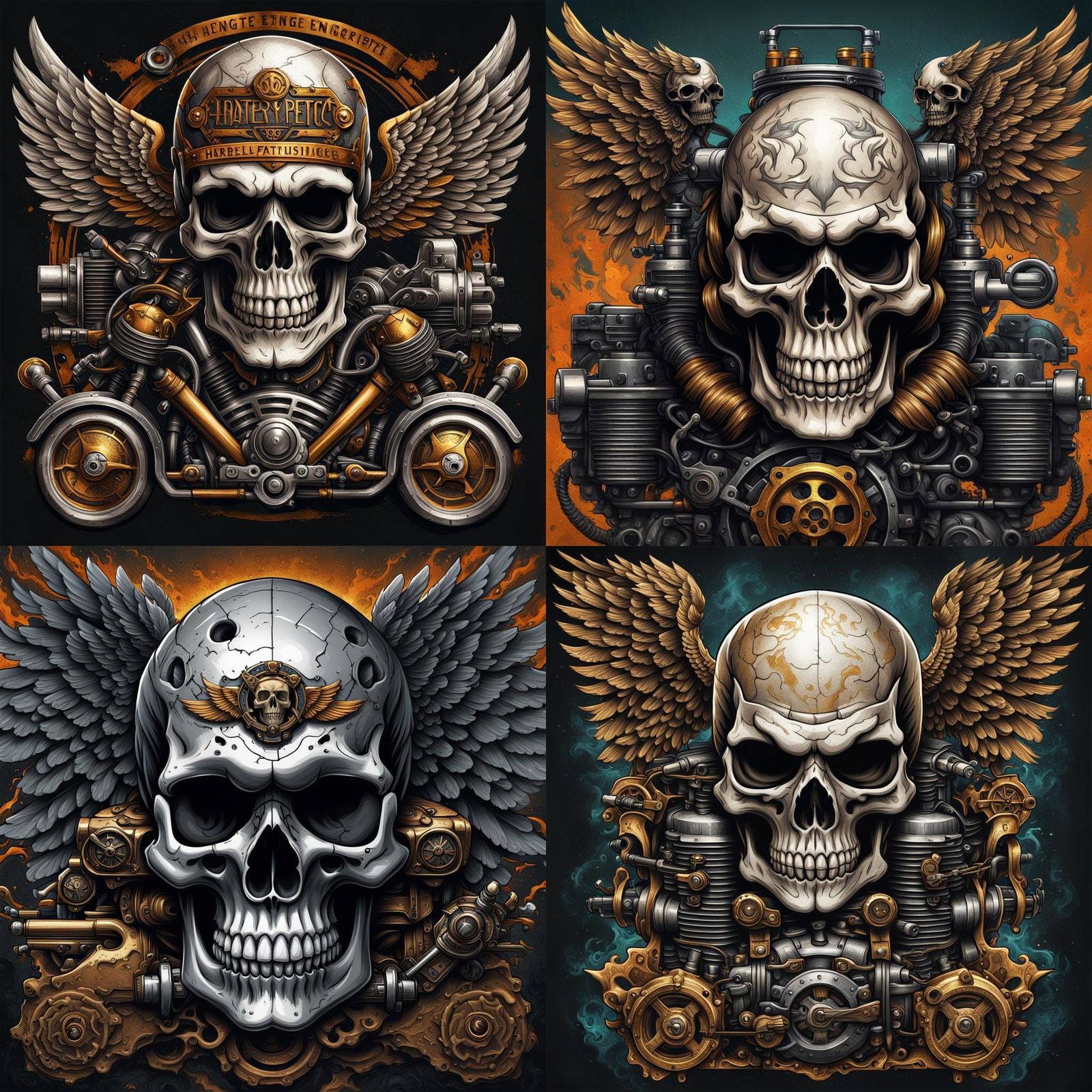 Winged Skull Engine Illustration in Detailed Matte Style
