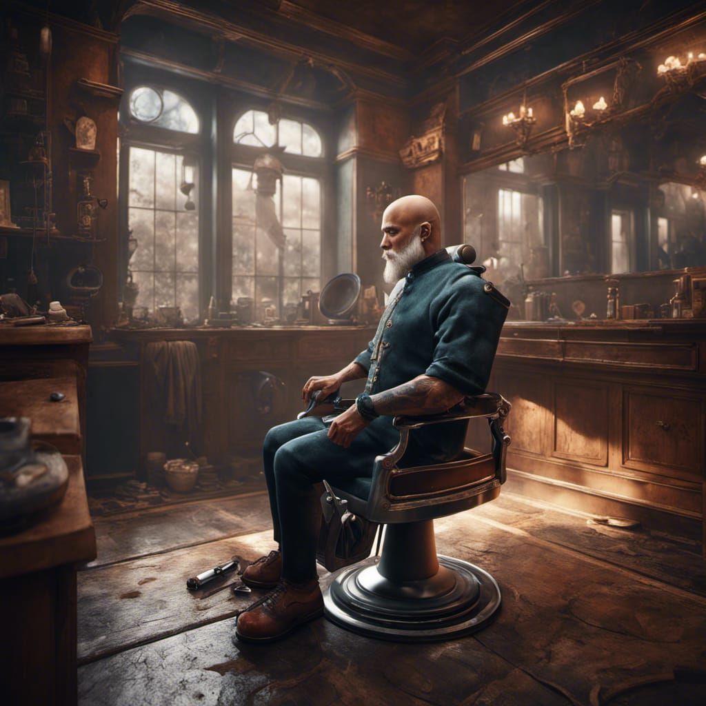 Tall Barber Shaving Head in Detailed Matte Painting