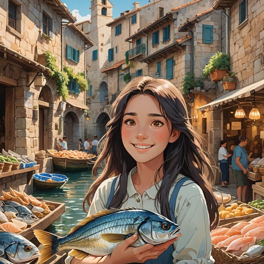 Anime Girl at Italian Fish Market in Ghibli Style