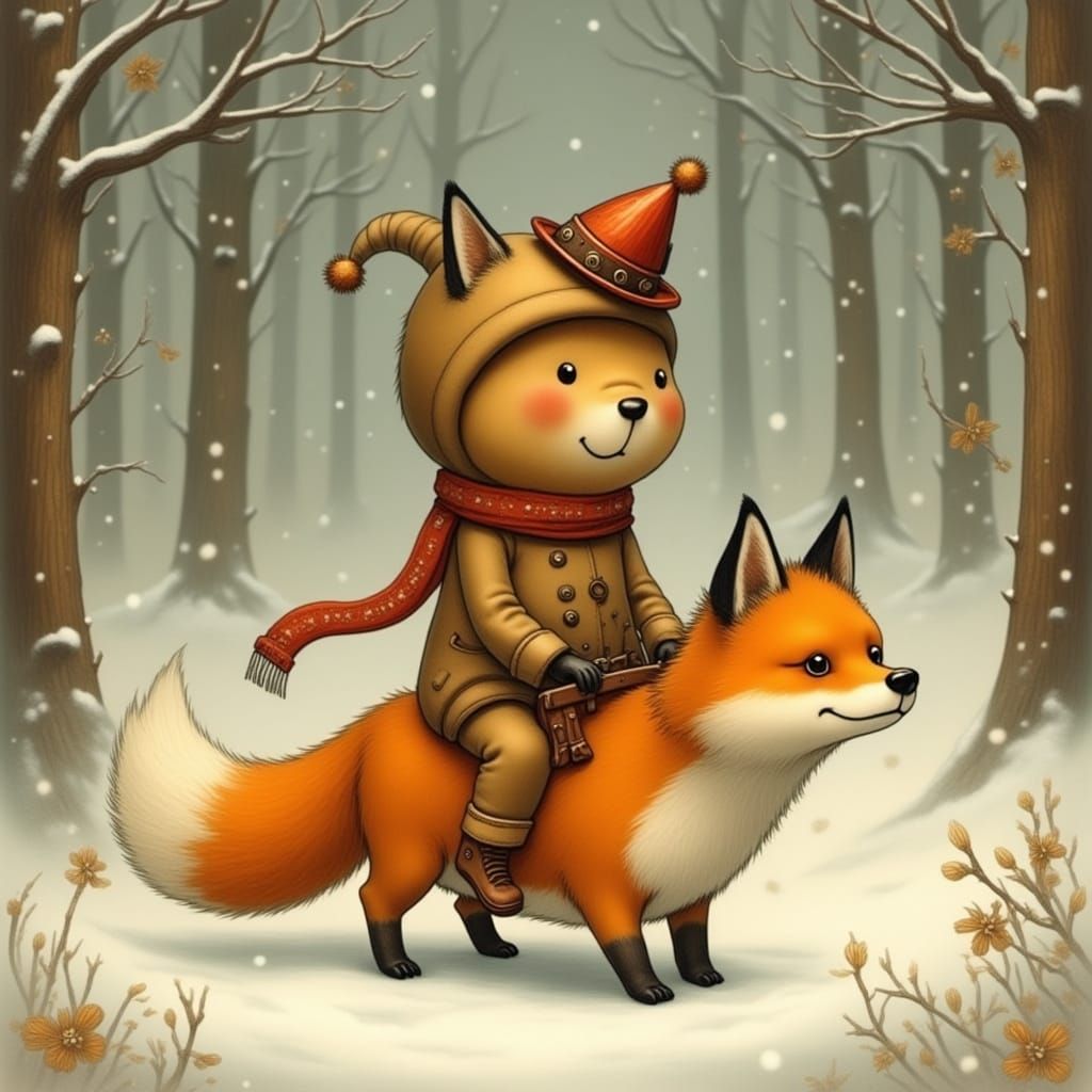 Gingerbread Man Rides Fox in Snowy Forest