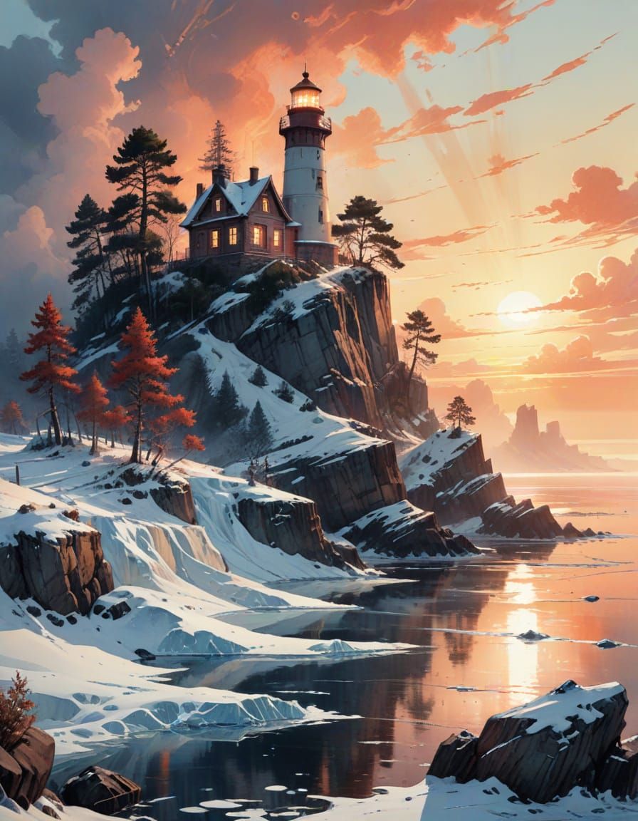 Sunset Lighthouse Digital Matte Painting, Ultra Wide Angle