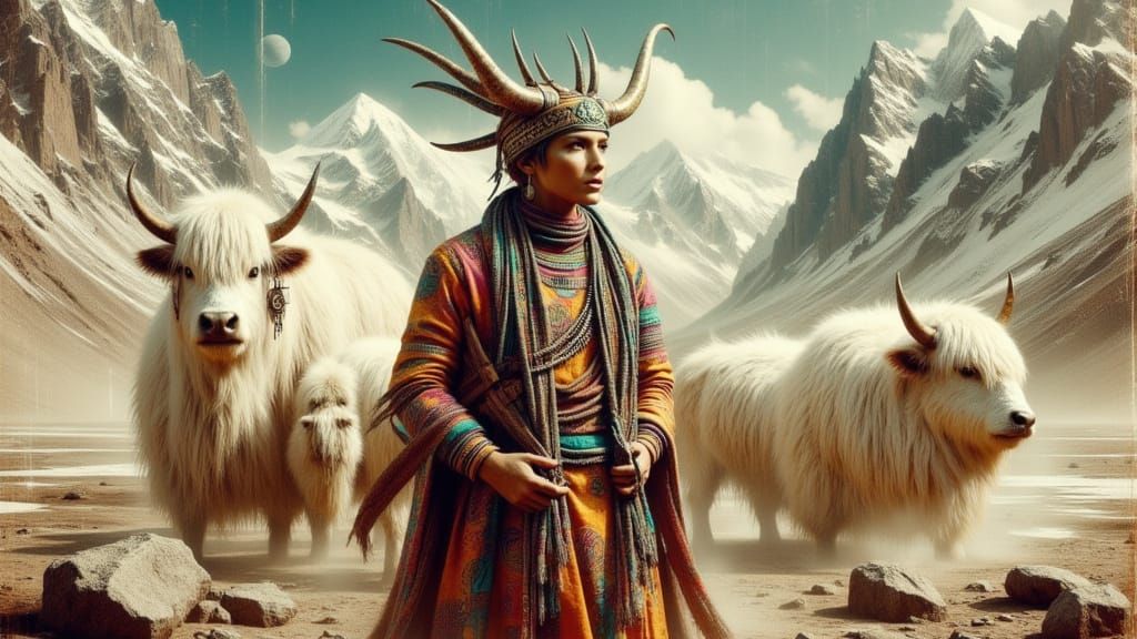 Exoplanetary Woman with White Yaks in Sci-Fi Style