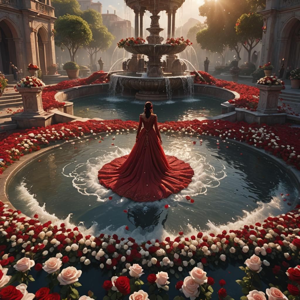 Woman in Red Dress Near Rose Fountain