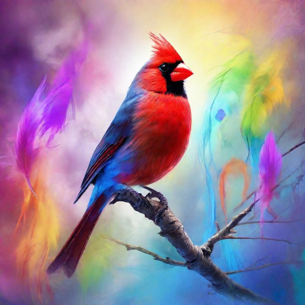 Rainbow Cardinal in Dreamy Ink Art, Digital Painting