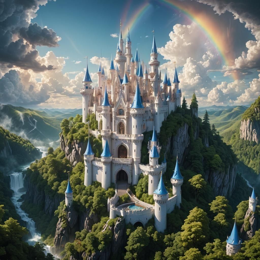 Glittering Rainbow Castle in Lush Forest: Fantasy Art