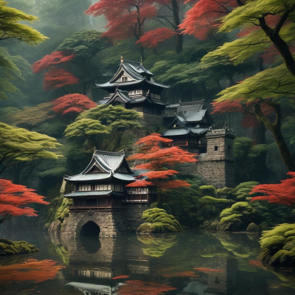 Hyperrealistic Japanese Castle in Rain, Digital Art