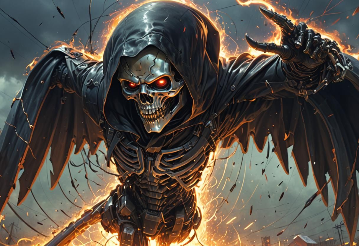 Hyperrealistic Reaper in Electric Field Splash Art