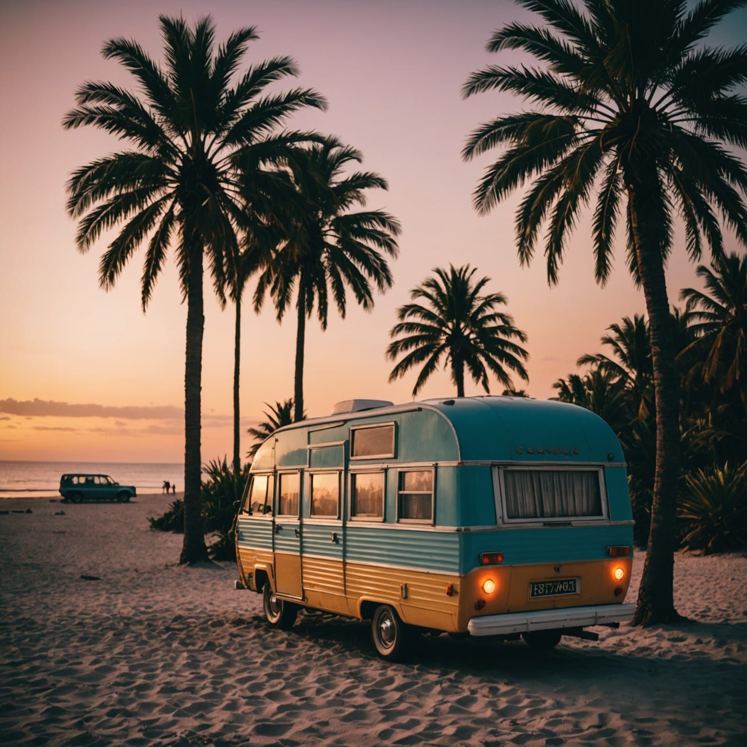 1960s Caravan on Beach at Sunset