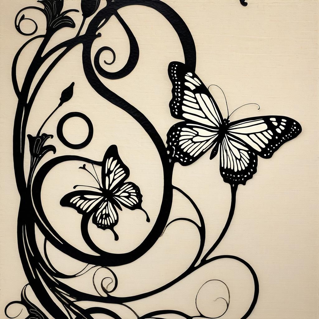 Elegant Ink Drawing of Lily and Butterfly in Art Nouveau