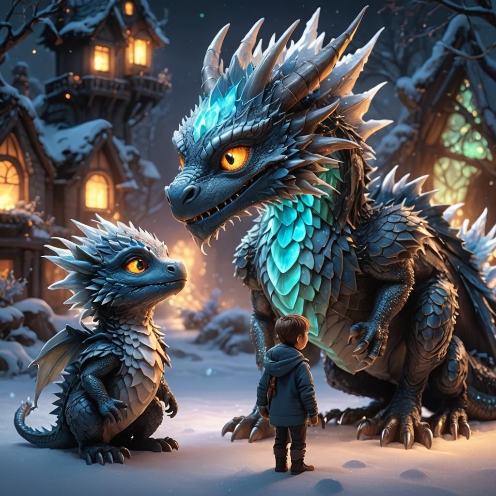 Chibi Dragon and Boy in Enchanted Glowing Nature