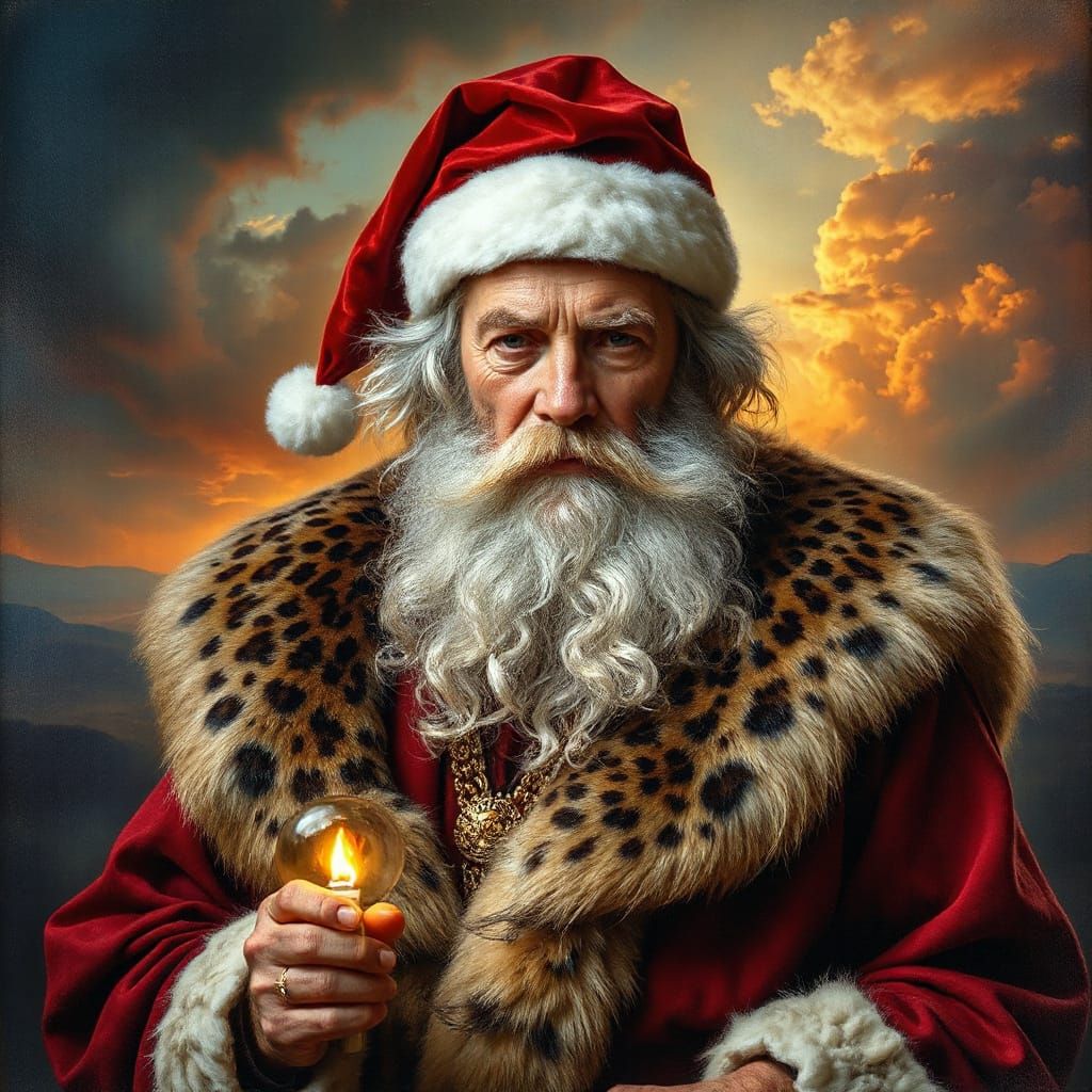 Wise Wizard in Jaguar Pelt at Ominous Sunset, Oil Painting