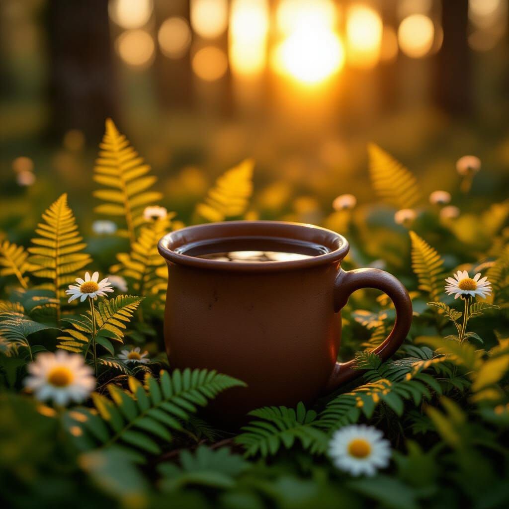 Coffee in Clay Mug at Dusk: A Photorealistic Forest Scene
