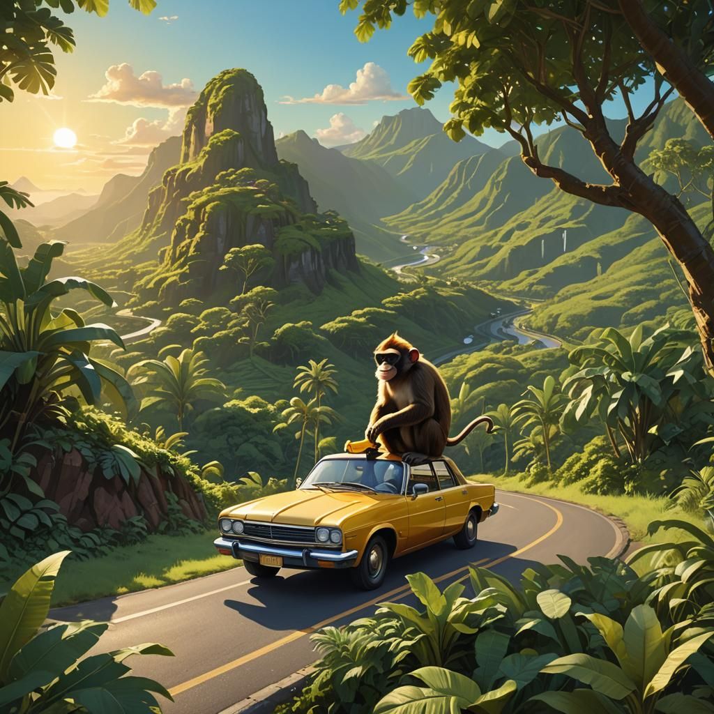 Monkey Singer on Car Roof in Fantasy Landscape