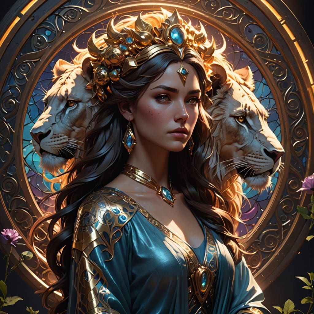 Ethereal Goddess with Regal Lion in Vibrant Aura