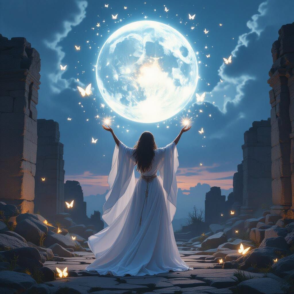 Sorceress Conjuring Starlight Sphere in Temple Ruins