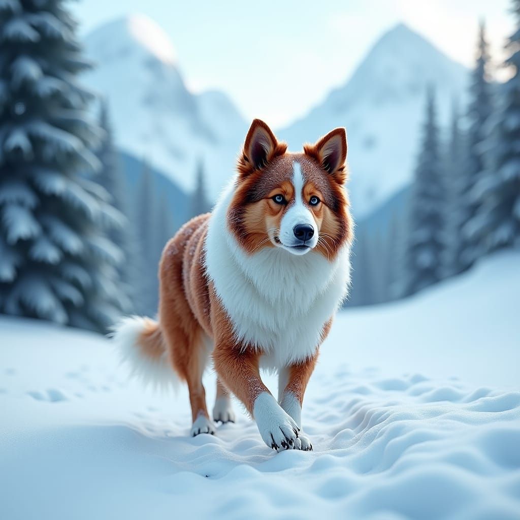 Australian Shepherd in Winter Landscape, Hyper-Realistic Mat...
