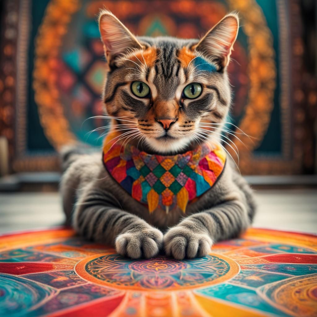 Cat Creates Sand Mandala in Impressionist Style