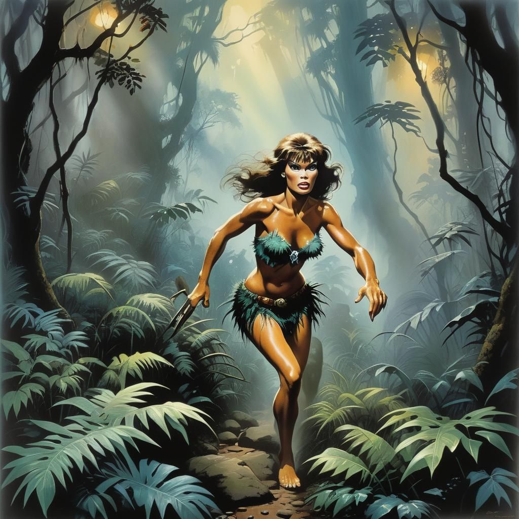 Cavewoman and Sabretooth in Jungle: Woodblock Print