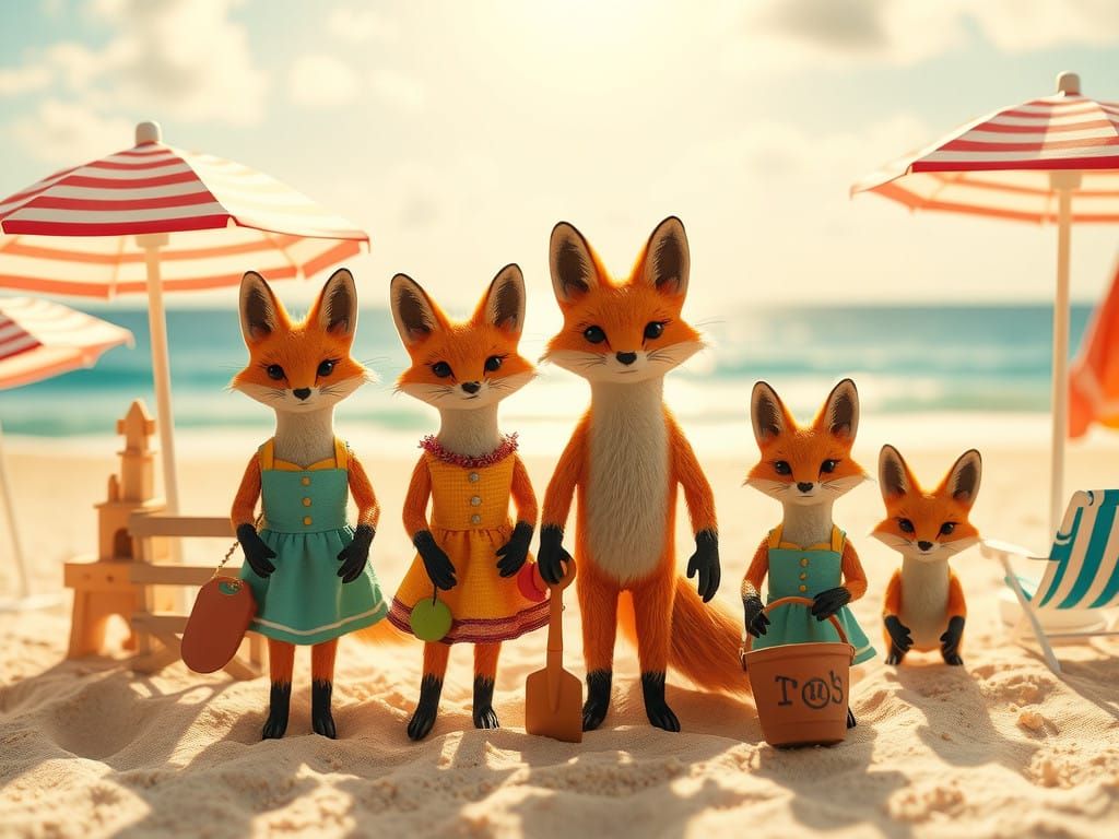 Whimsical Toy Fox Family Enjoys Idyllic Beach Day in Stop-Mo...